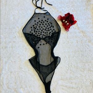 VTG Y2K Seduction by Fredericks of Hollywood Sheer Halter Bodysuit with studs